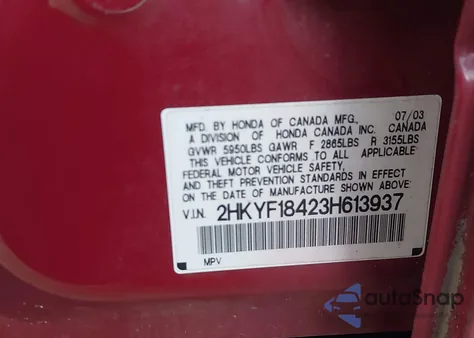 2003 Honda Pilot Ex z USA, uszkodzony, nr VIN 2HKYF18423H613937